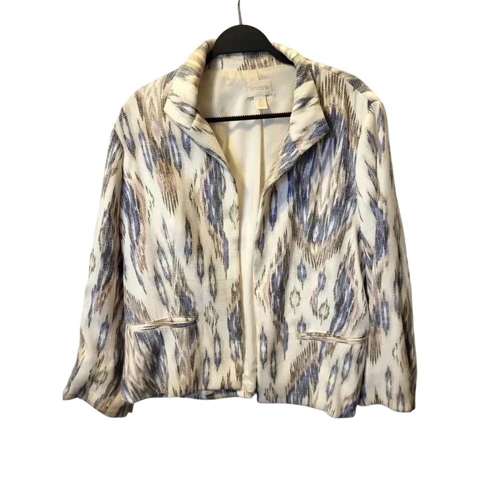 Chicos Blue Ikat Geometric Open Front Blazer Jacket Size 3 XL Notched Lapel